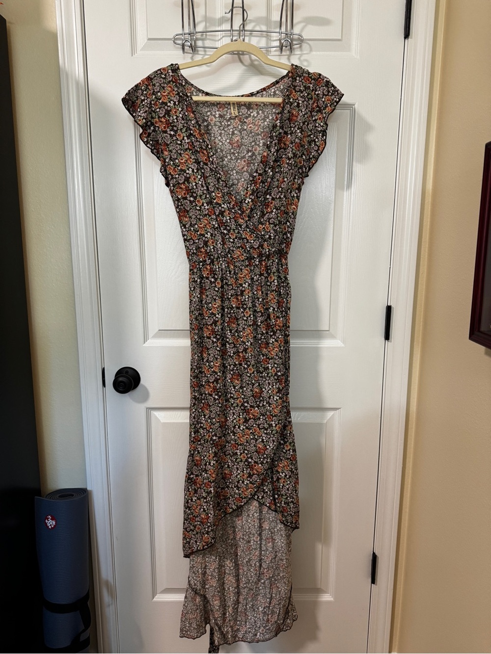Floral Wrap Maxi Dress - Brown with Orange, Cream, & Lavender Floral